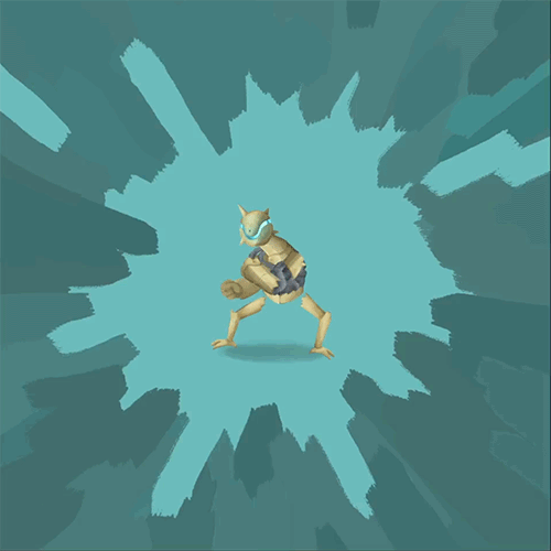 A gif of an automaton with its legs shuffling and two arms up in an old-fashioned boxing stance, its torso composed of wires and its helmet holding a blue orb or light beneath.