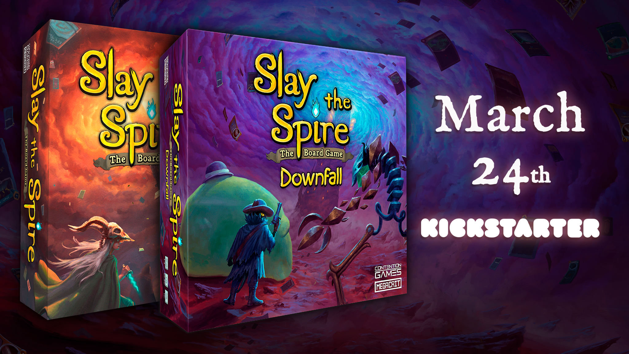 The box art of the Slay the Spire board game and the Downfall expansion with the text “March 24th Kickstarter”