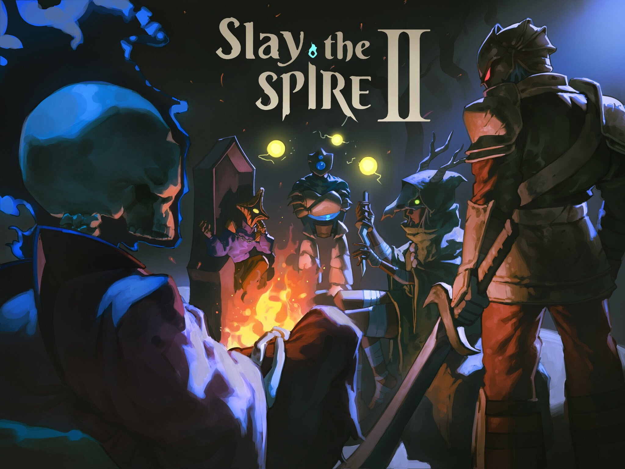 Painterly illustration of StS2’s playable characters gathered around a rest site fire.