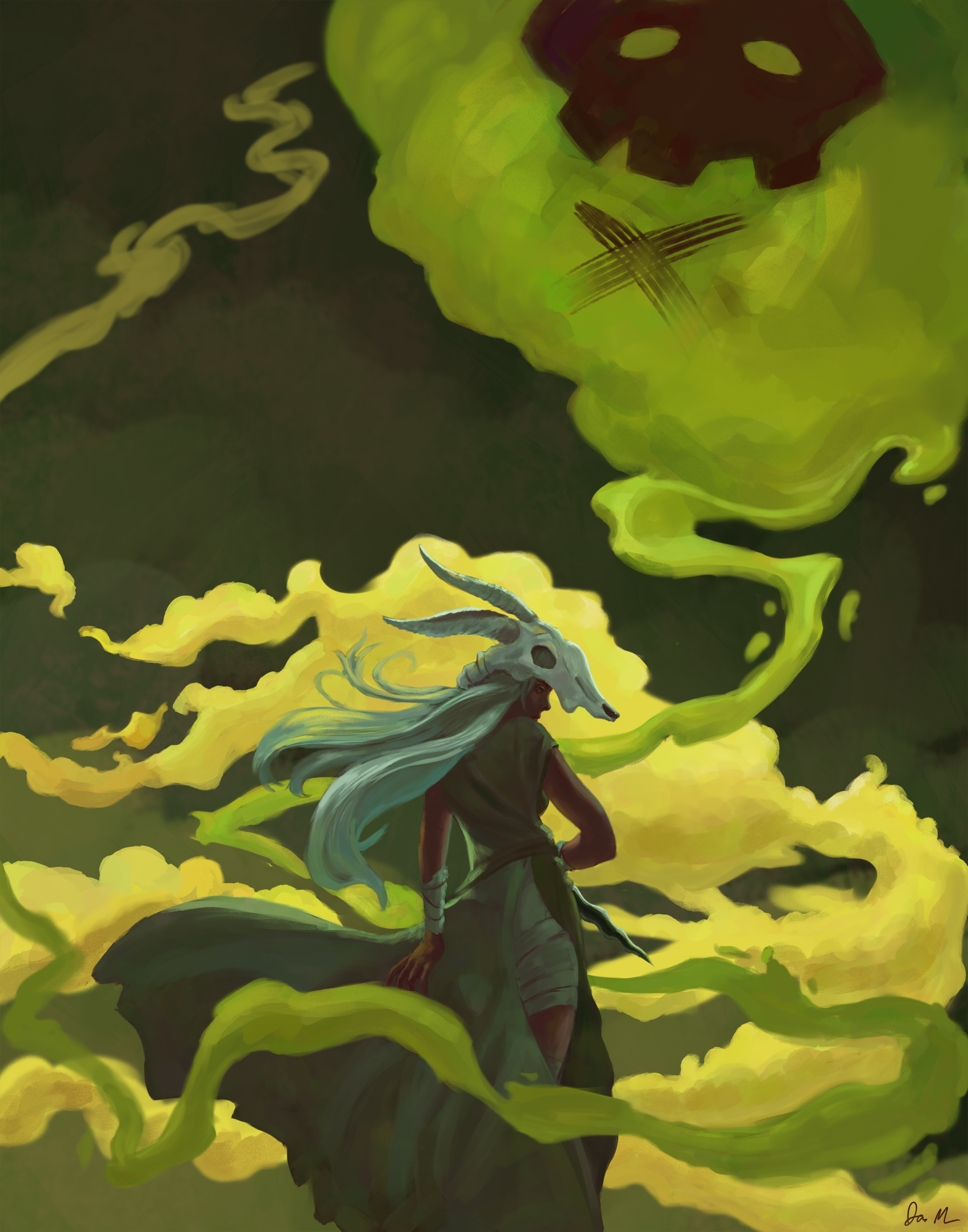 An illustration of the Silent enveloped in noxious fumes, brandishing a dagger with her back to the viewer.