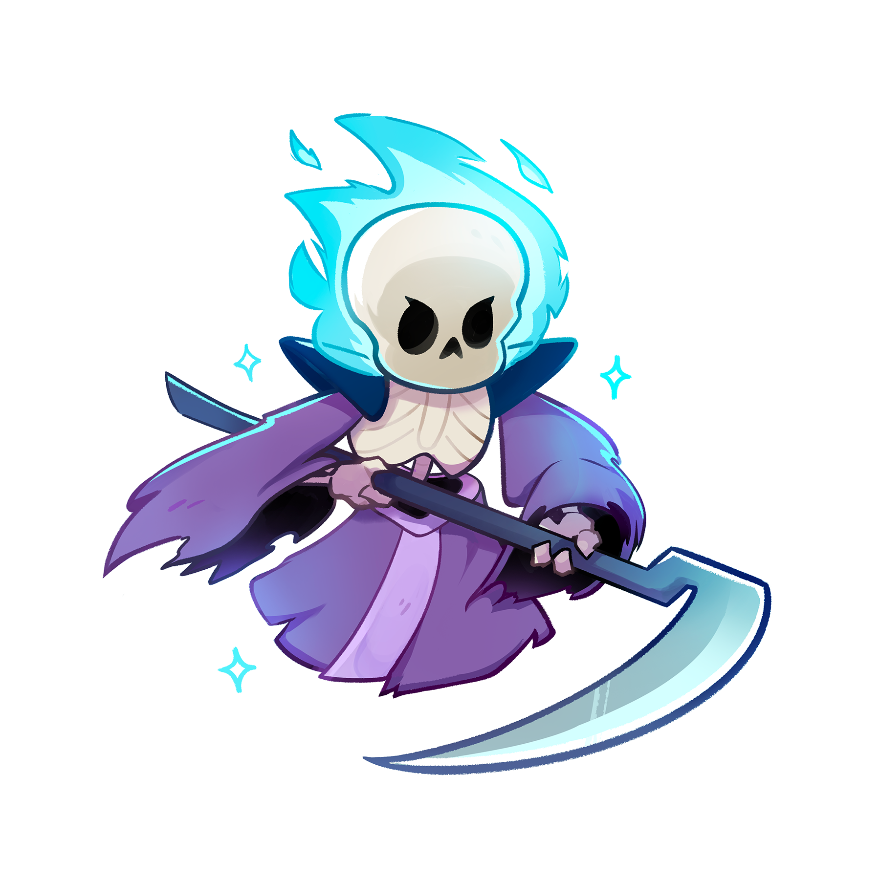 A chibi-esque rendition of Slay the Spire 2’s new character, The Necrobinder, a skeletal lich engulfed in purple robes and blue flames & wielding a scythe.