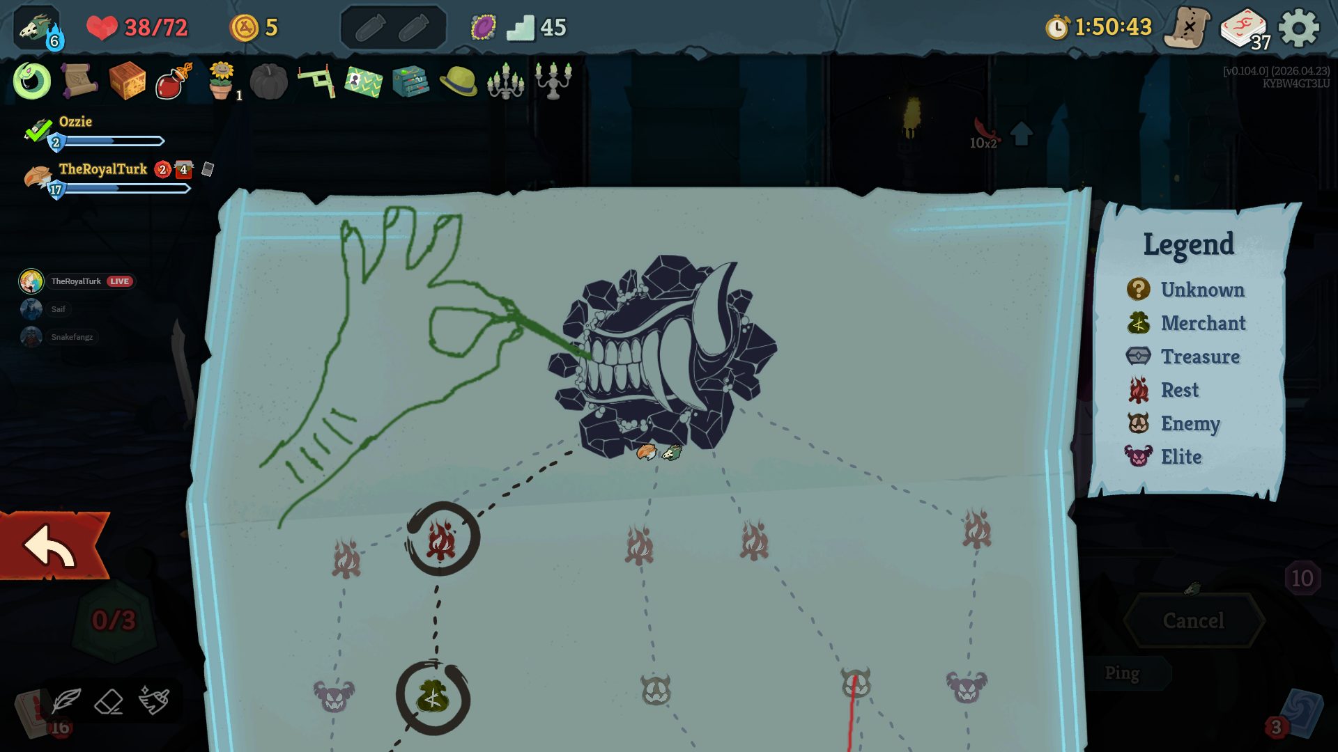 Map drawing of a hand using a toothpick on the Doormaker’s boss node art.
