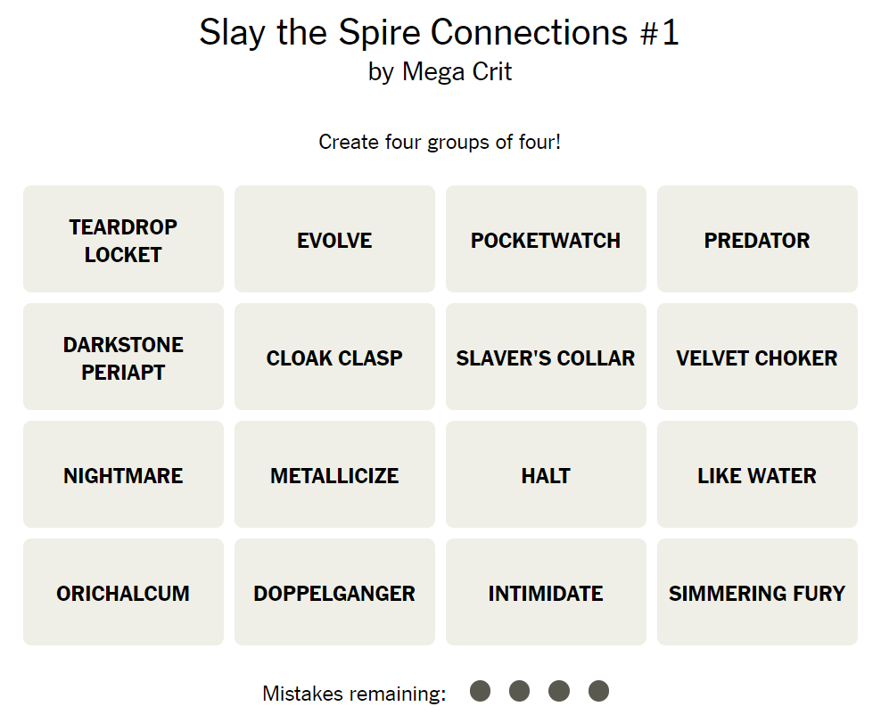 A screenshot of the Slay the Spire custom Connections puzzle.