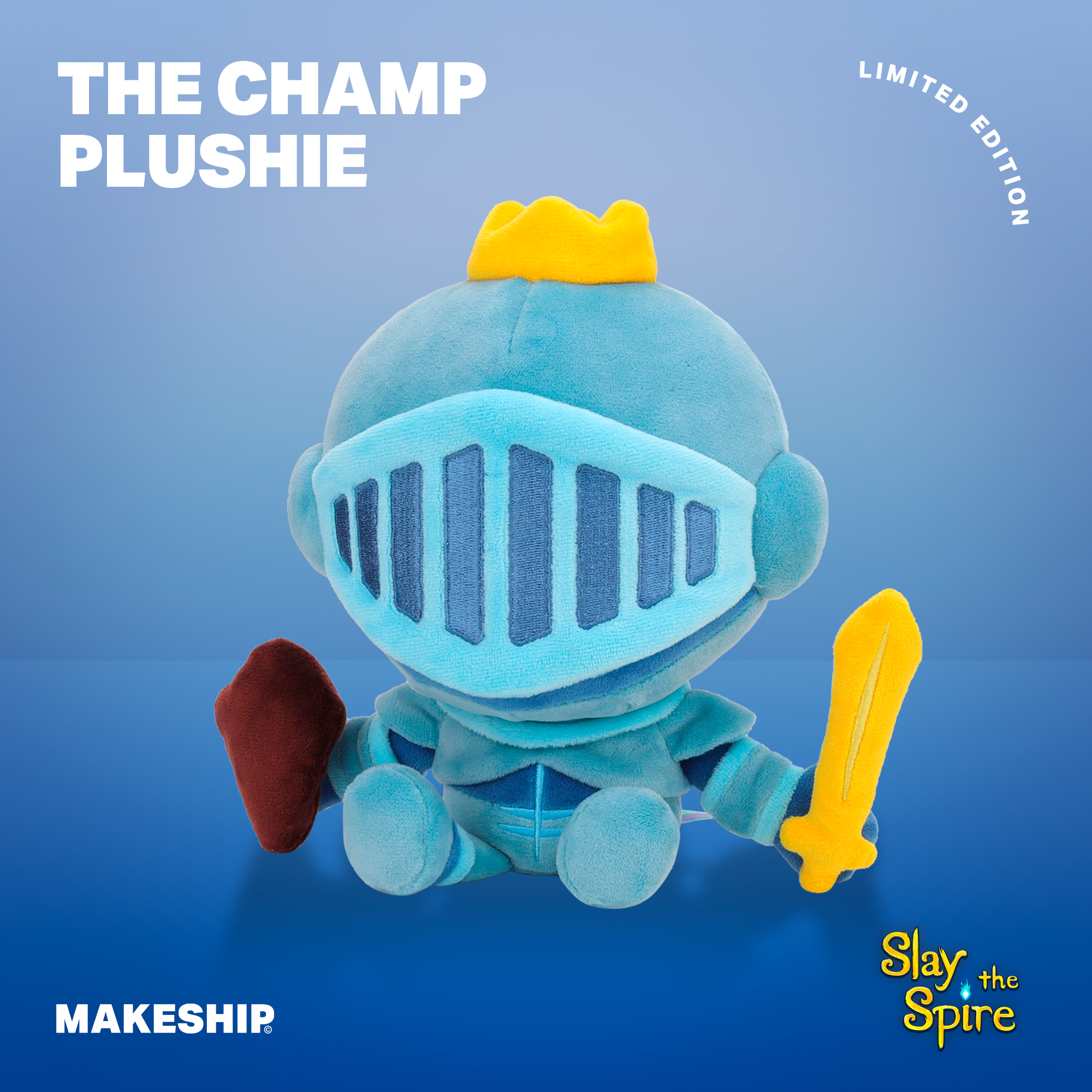 An image of The Champ plushie from Makeship; he has cute proportions with an oversized head and is brandishing his signature golden sword and crown as well as his shield.