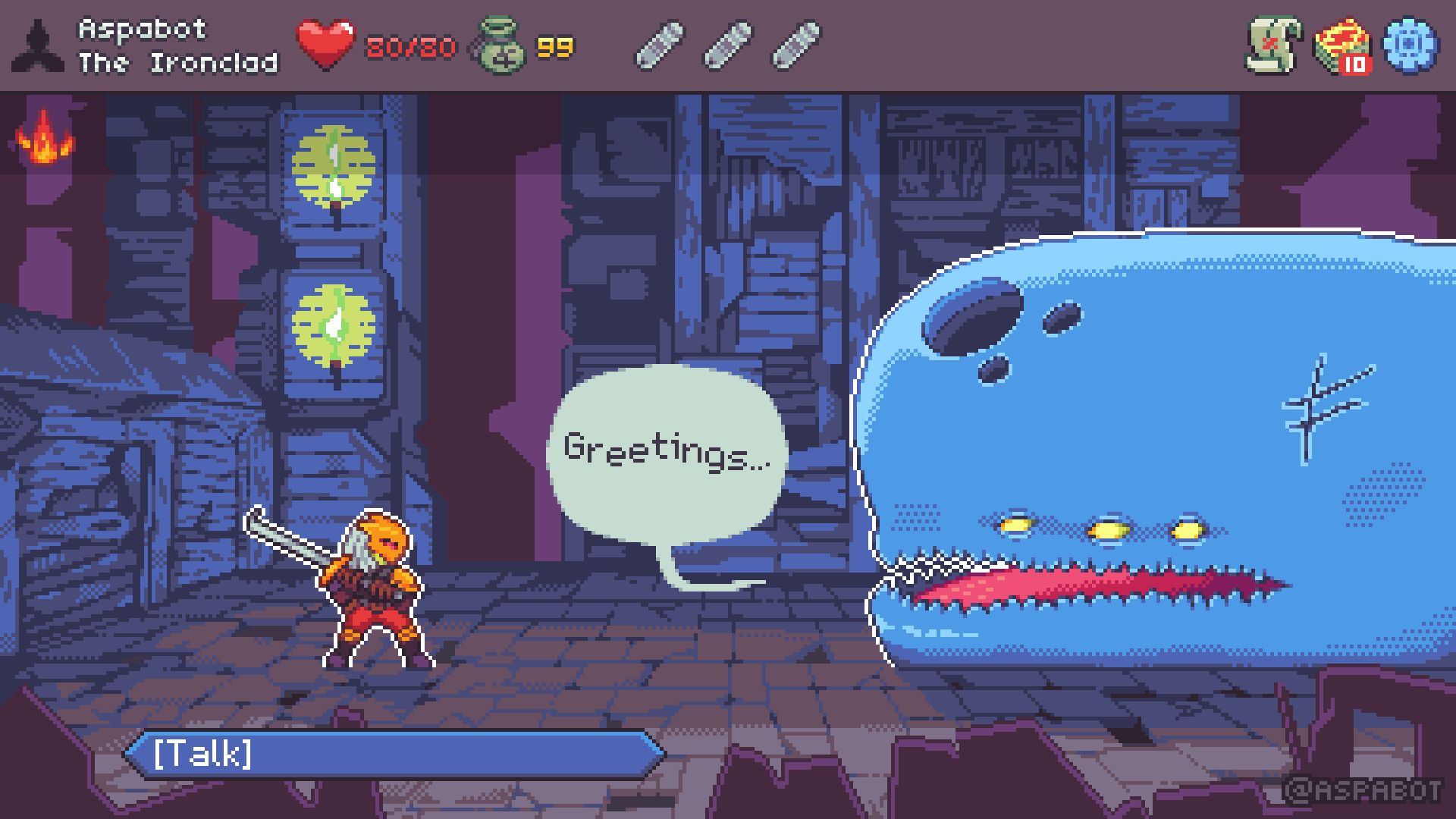 Pixel art of The Ironclad in Neow’s starting room complete with the Slay the Spire UI