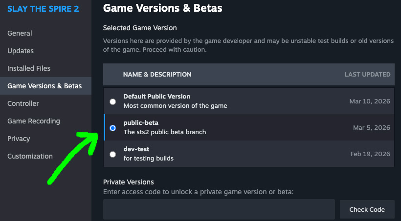 Screenshot showing the public-beta branch selection under the Game Versions & Betas section on Steam.