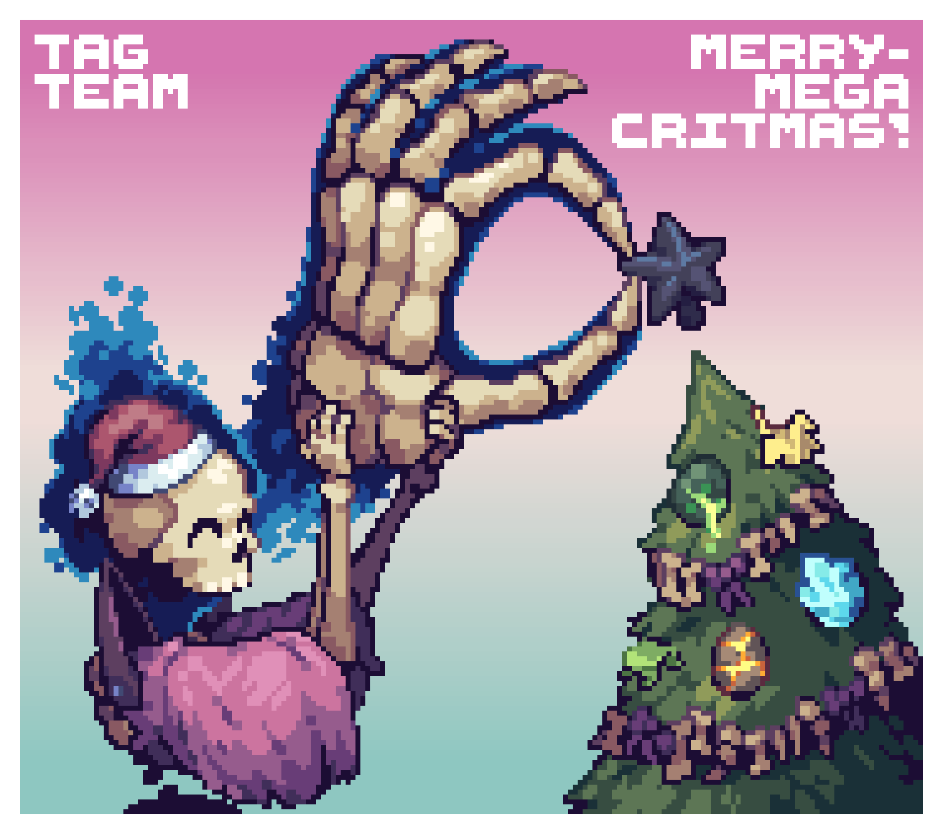 Pixel illustration of the Necrobinder in a Santa hat with Osty putting the Black Star on top of a tree, which is adorned with the Egg and Paper relics as ornaments