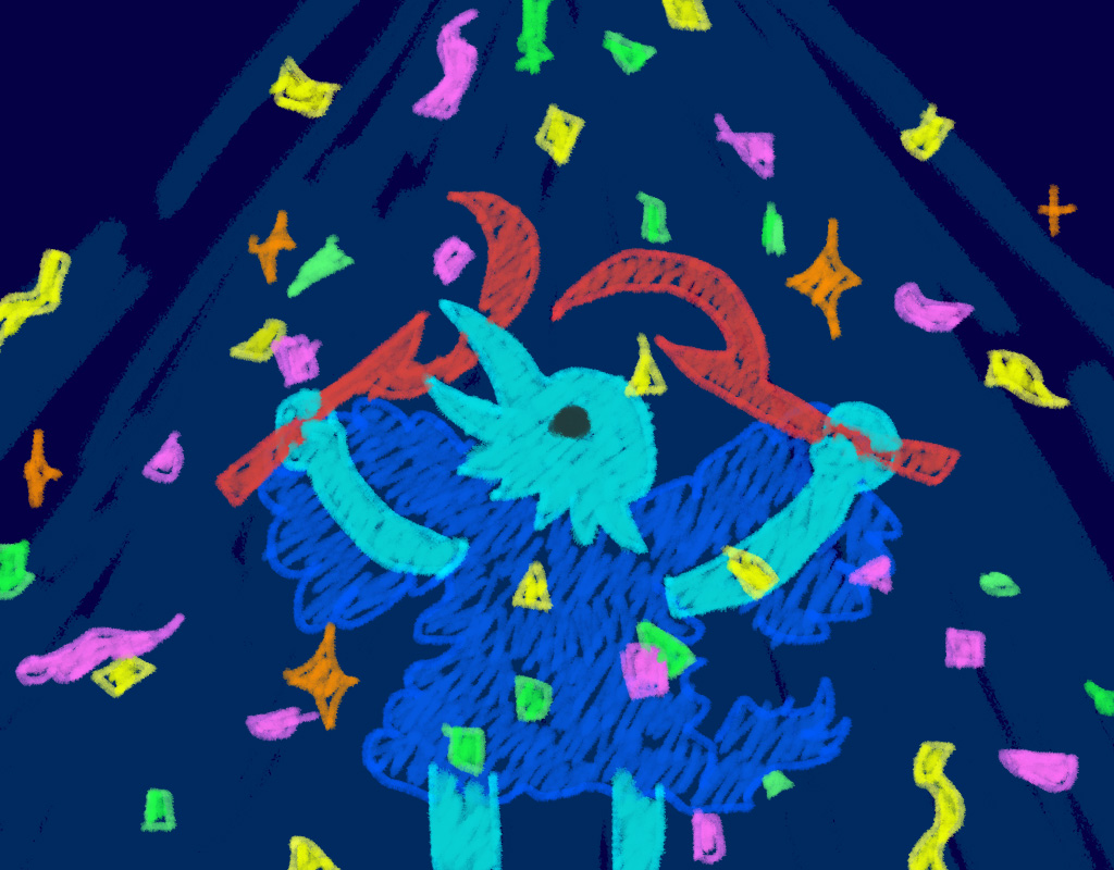 Drawing of a cultist in the spotlight with confetti