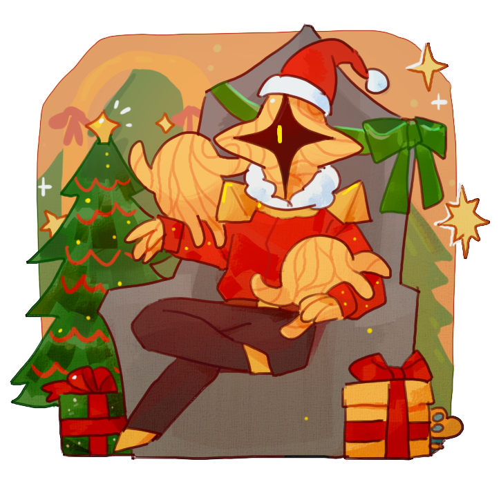 An illustration of the newest character to be announced, dressed as Santa, with little minion-like creatures on their lap