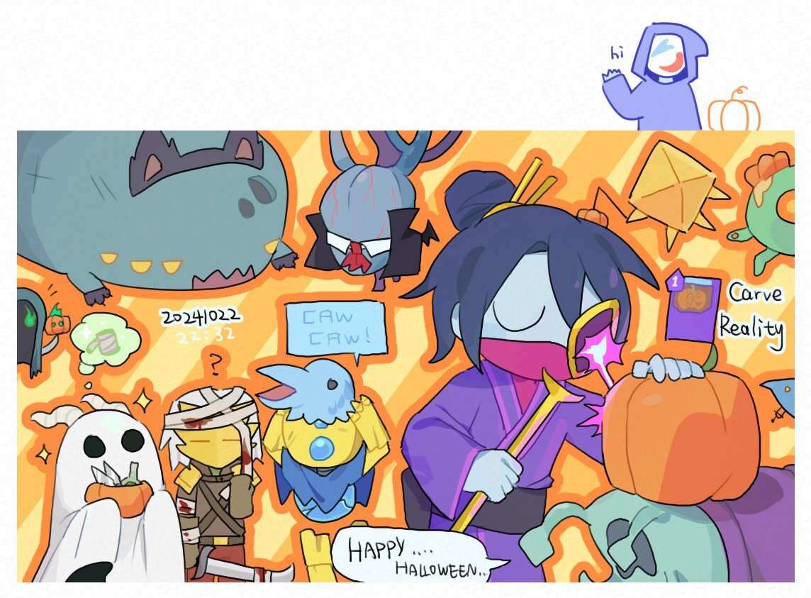 An illustration in a cute, cel-shaded style featuring StS characters in Halloween costumes; Neow as a cat or werewolf, the Corrupt Heart as a vampire, The Silent in a sheet-ghost reminiscent of her Wraith Form beta art, The Ironclad as a mummy or patient, and The Defect as a Cultist. The Collector, Donu, and Deca are on the side holding pumpkins, the Merchant waves in the top corner saying hi, and The Watcher is using the Carve Reality card to carve a pumpkin with her scepter on top of the Time Eater’s head who is saying HAPPY…. HALLOWEEN…