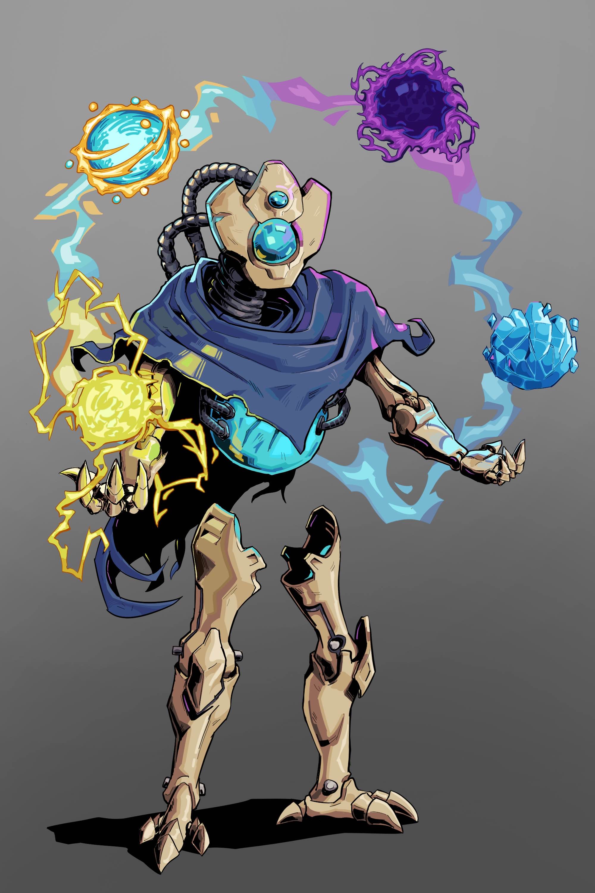 A Hades-style inspired illustration of The Defect channeling each of his orbs