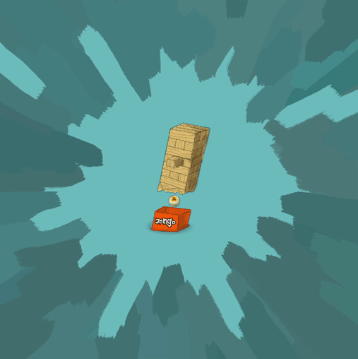 A drawing of a stack of Jenga-like pieces stacked on top of a box that says “Jongo.”
