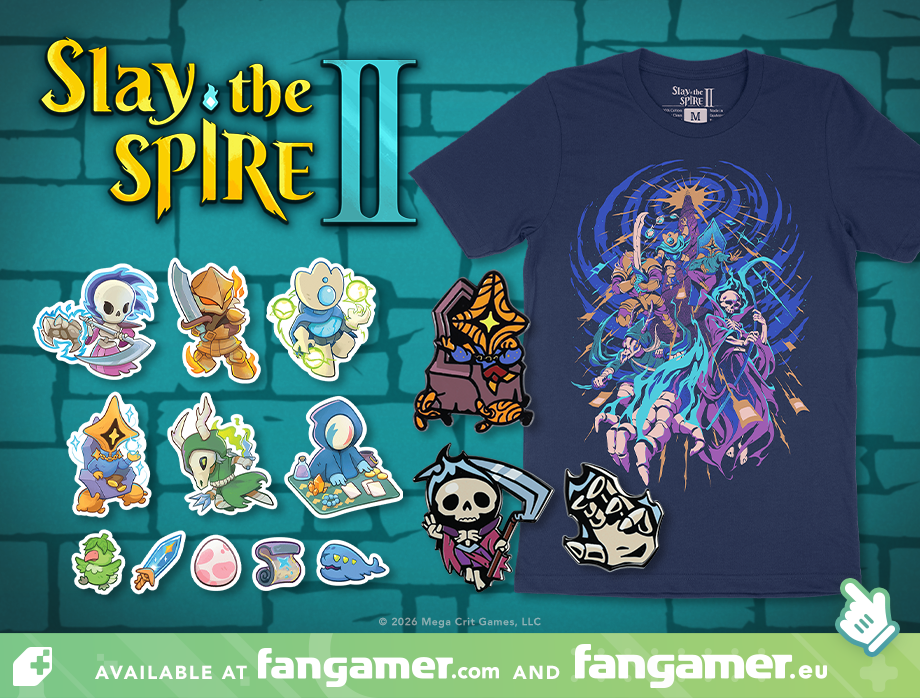 A shirt with the whole Slay the Spire 2 roster, stickers of StS2 characters, and pins of Regent, Necrobinder, and Osty.