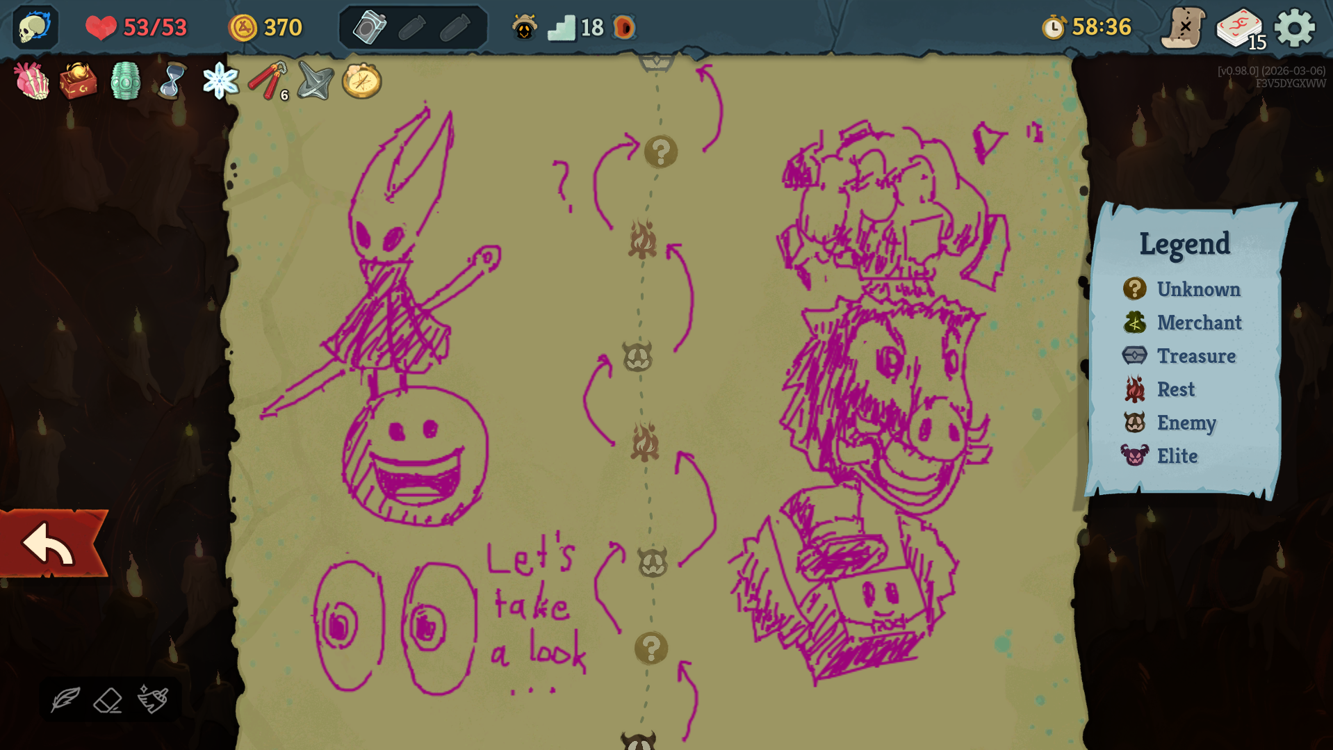 A screenshot of the StS2 map with sketches of characters from different pieces of media made in with the in-game drawing tool.