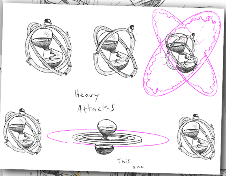 Sketches of Aeonglass&rsquo; potential attack animations.