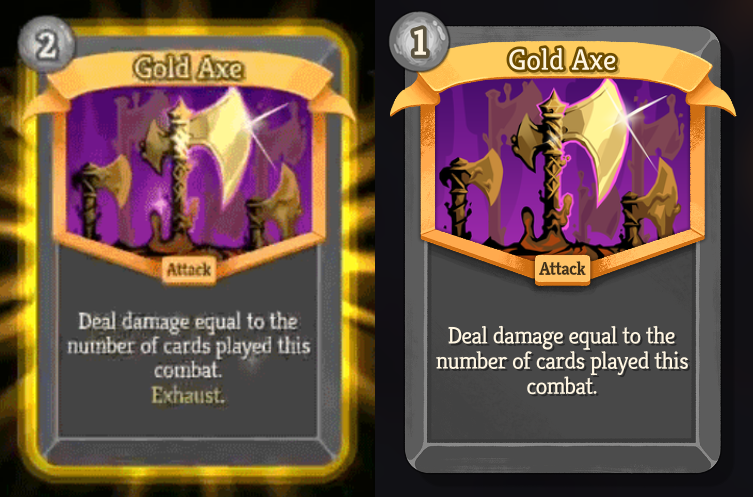A before and after image of Gold Axe. Previously a 2-energy-cost, rare Attack card that says “Deal damage equal to the number of cards played this combat. Exhaust.” now a 1-energy-cost, rare Attack card with the same effect but no Exhaust.