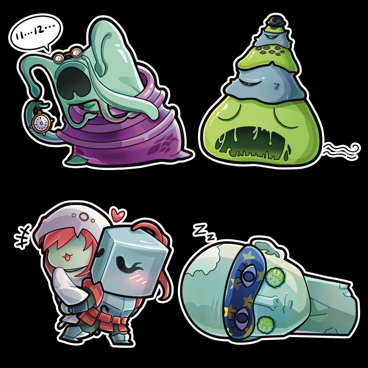 Funny illustrations of Time Eater, slimes, Mystic & Centurion, and Giant Head