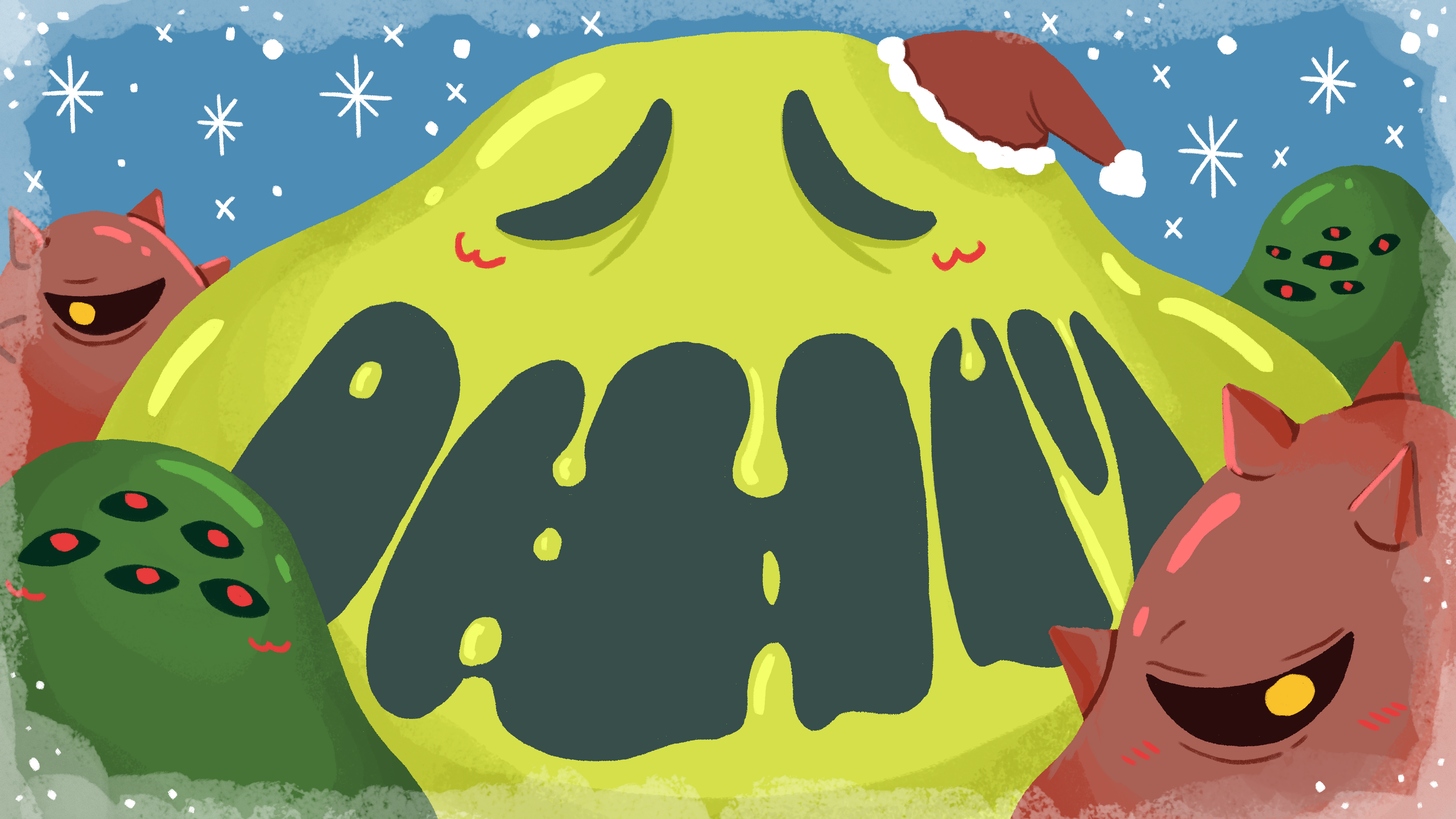 Snowy illustration of the slime boss in a Santa hat surrounded by other slimes