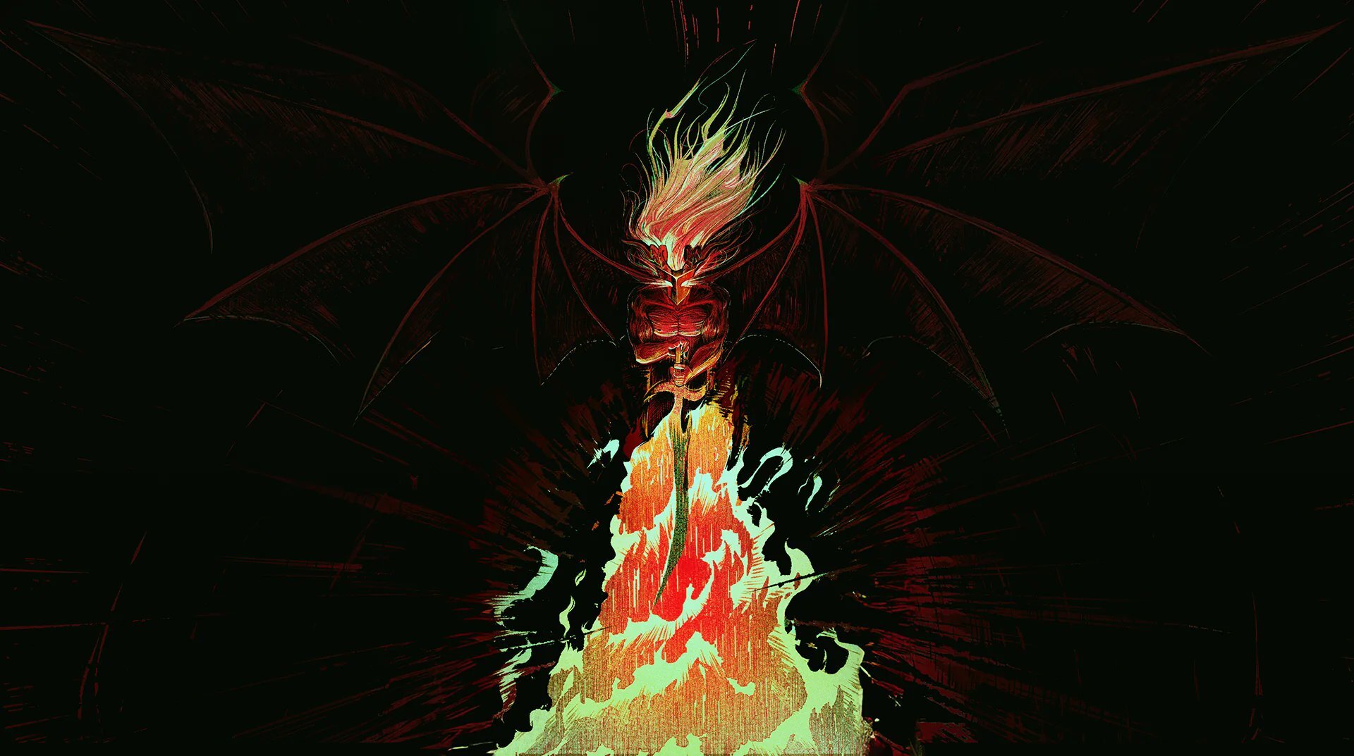 An illustration of The Ironclad in his Demon Form with his wings outspread, hair blowing in a fiery manner, with his sword creating a tornado of flames in the center.