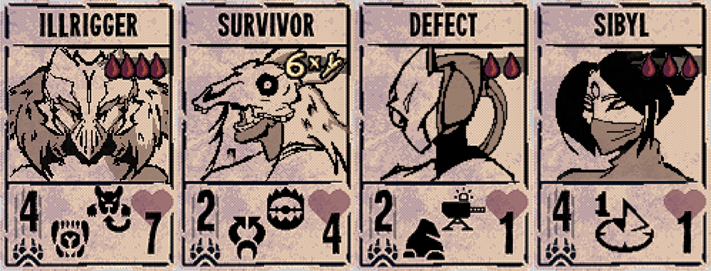 Illustrations of all four StS1 characters in Inscryption’s card style.