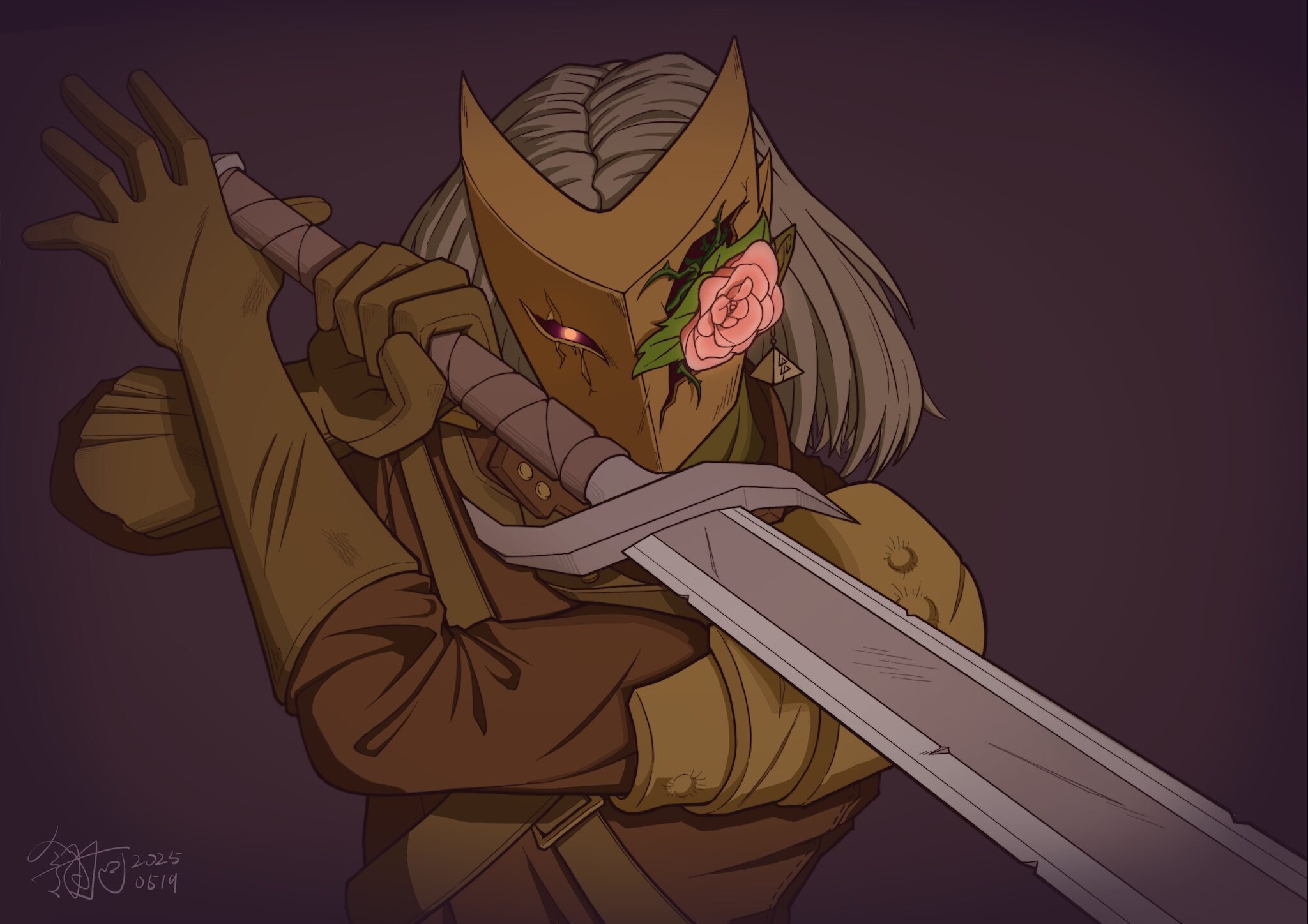An illustration of Ironclad wielding his sword in a defensive stance, a flower blooming through one of his mask’s eyes.