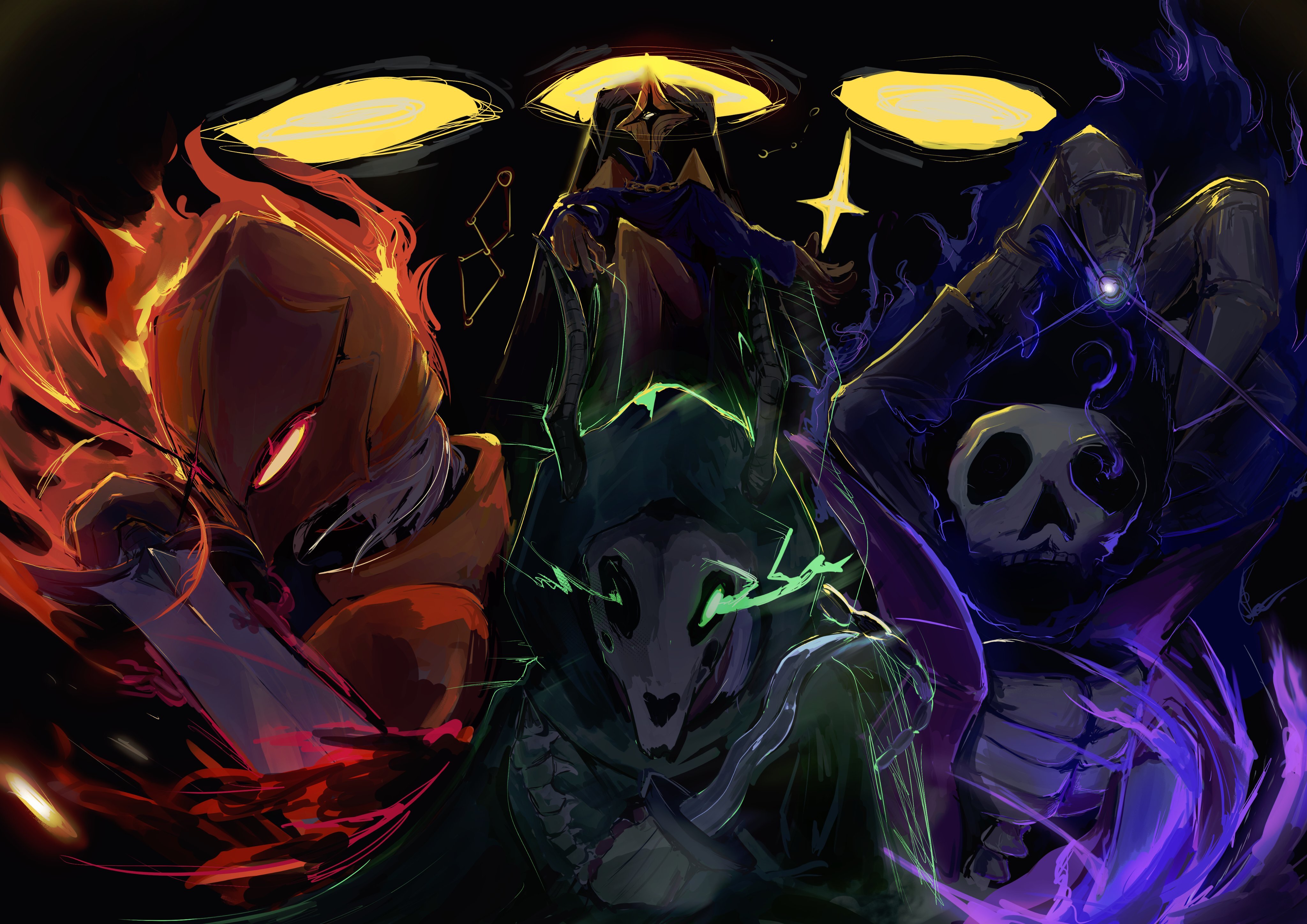 An illustration of Ironclad, Silent, Necrobinder, a mystery star-themed character, and Neow’s eyes in the background