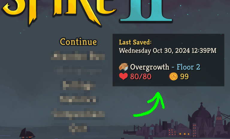 A screenshot of Slay the Spire 2’s Run info panel, featuring the date and time the run was last saved, the character, Act, floor, HP, and Gold. All options other than Continue on the main menu are blurred.