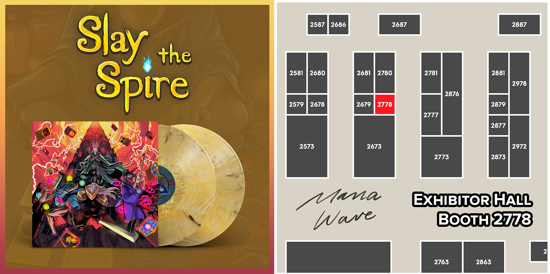 Image of the Ironclad variant of Mana Wave’s StS1 vinyl OST next to their booth location at NYCC 2026.