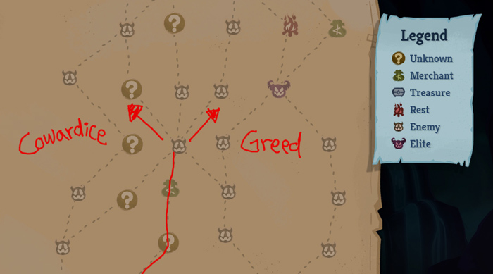 A screenshot of the map from Slay the Spire 2, featuring the new map drawing feature. A red trail follows along a path with two diverging arrows labeled Cowardice and Greed respectively.