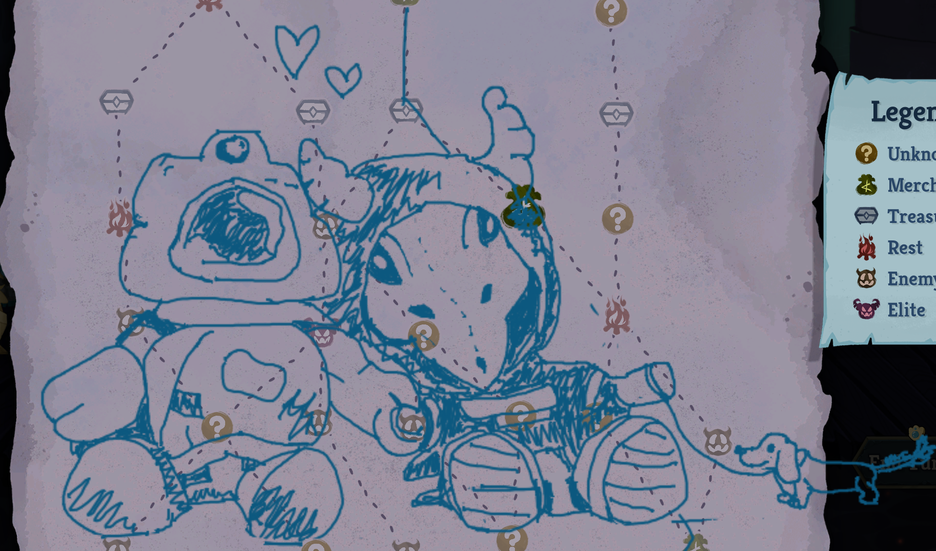 Map drawing featuring a sketch of the Silent and Defect plushies.
