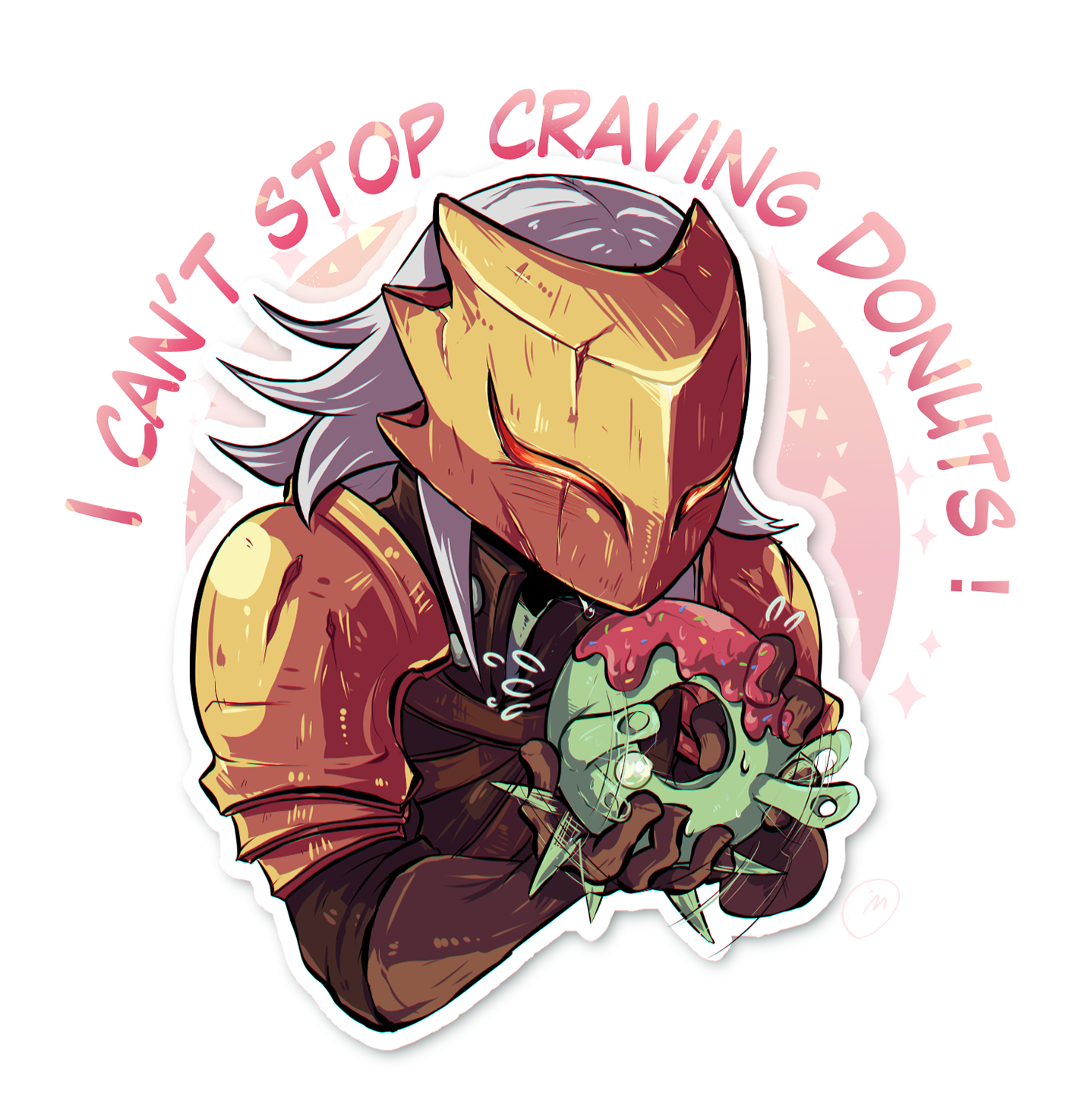 An illustration of Ironclad about to bite down on a stressed out little Donu with frosting on it.