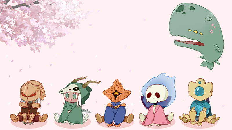 An illustration of the StS2 character lineup with Neow and cherry blossoms in a chibi style.