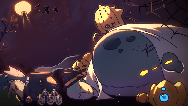 An image of Neow surrounded by Slay the Spire jack-o-lanterns and Halloween decorations with the Spire looming in front of the full moon in the background.