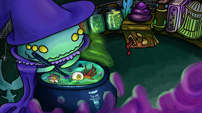 An image of Neow dressed as a witch boiling various relics in a cauldron with a spooky lab featuring other relics in the background.