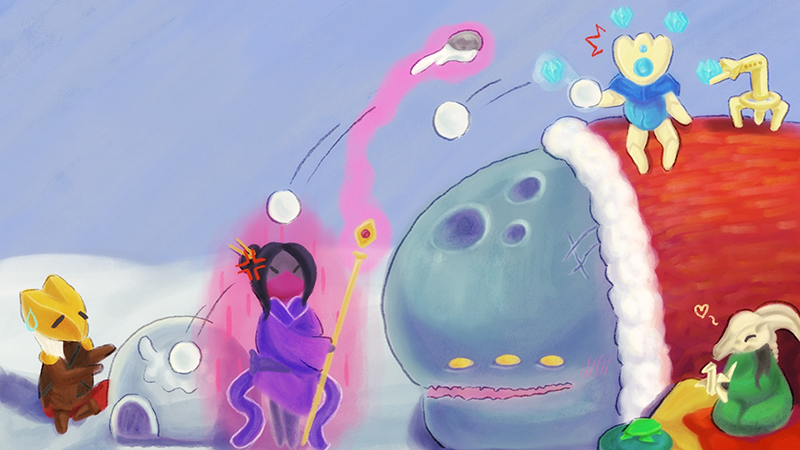 An illustration of Neow dressed as Santa, with the Ironclad making an igloo, the Watcher and the Defect in a Frost/snowball fight, and the Silent making a Paper Krane.