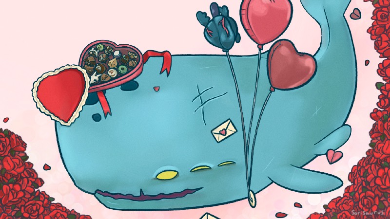 An illustration of a Valentine’s Day-themed Neow.