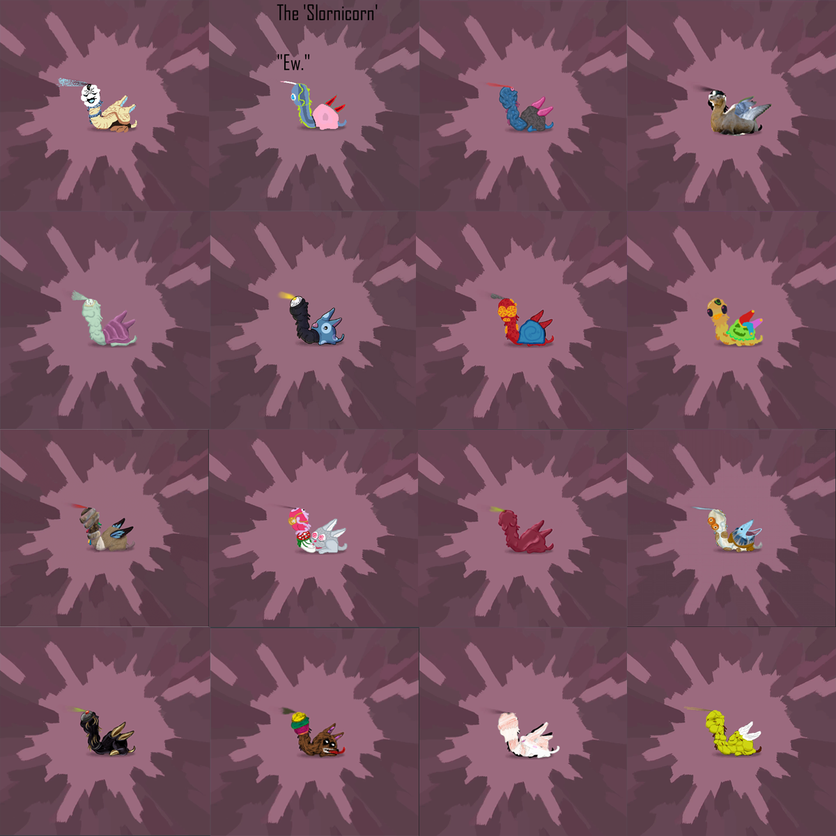 A collage of 16 mystery monster guesses.