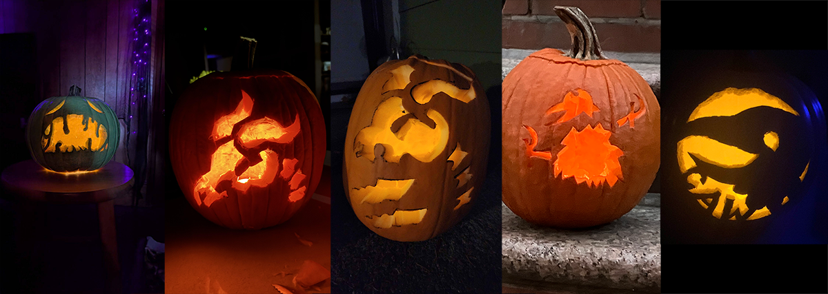 A collage of 5 jack-o-lanterns, 2 Cultist-themed, 2 Silent-themed, and 1 Slime Boss-themed.