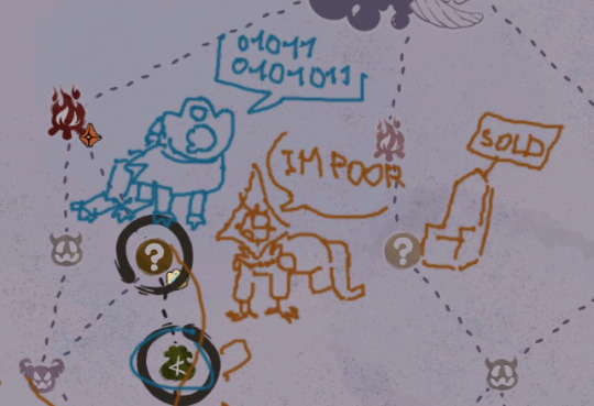 Cute map drawings of the Defect and Regent lamenting their lack of money for a shop.