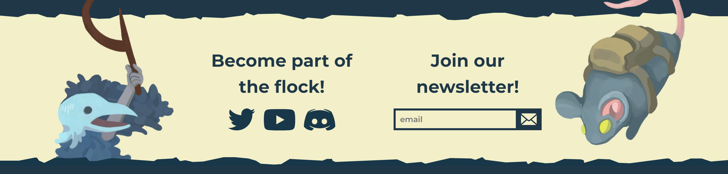 The footer of Mega Crit’s website, featuring a Cultist from Slay the Spire next to the words Become part of the flock! and logos for Mega Crit’s Twitter, Youtube, and Discord, as well as the Courier from Slay the Spire next to the Join our newsletter! sign up link.