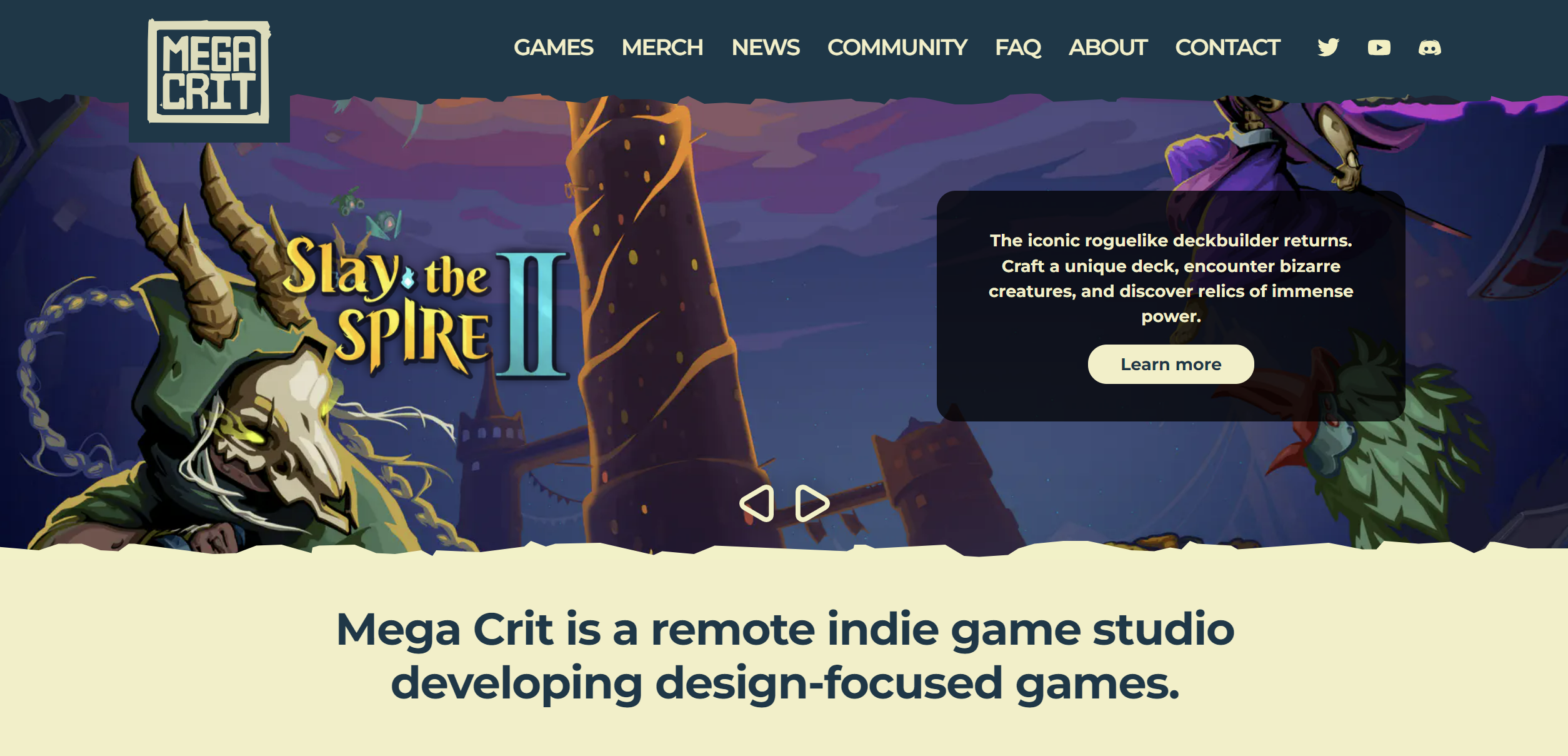 A screenshot of Mega Crit’s website’s home page, with Slay the Spire 2 featured in the carousel above text that says Mega Crit is a remote indie game studio developing design-focused games.