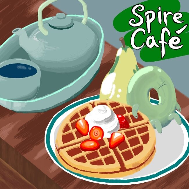 The Spire Cafe mod icon, featuring cute art of an Ancient Tea Set and other treats