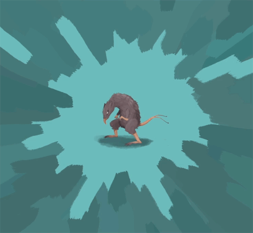 A two-tailed rat standing on two legs, its tails flicking and mouth chattering.