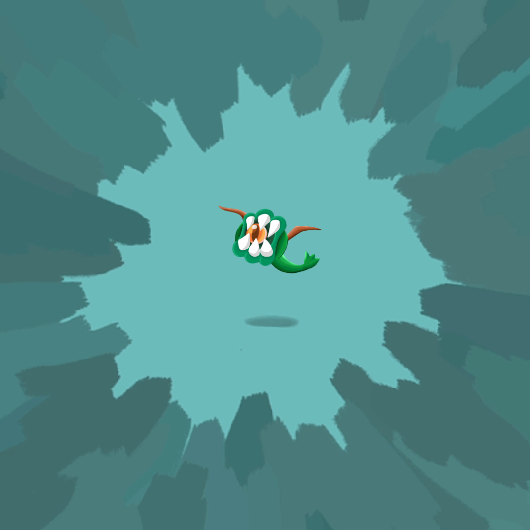 Spire Spotting guess featuring a green monster with fangs covering an eye and pink tendrils floating from it.