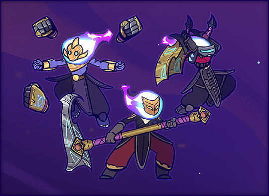 The three skins added to Spiritfall, including Ironclad from Slay the Spire, Plasma (Clairen from Rivals of Aether), and Aquarius (from Astral Ascent).