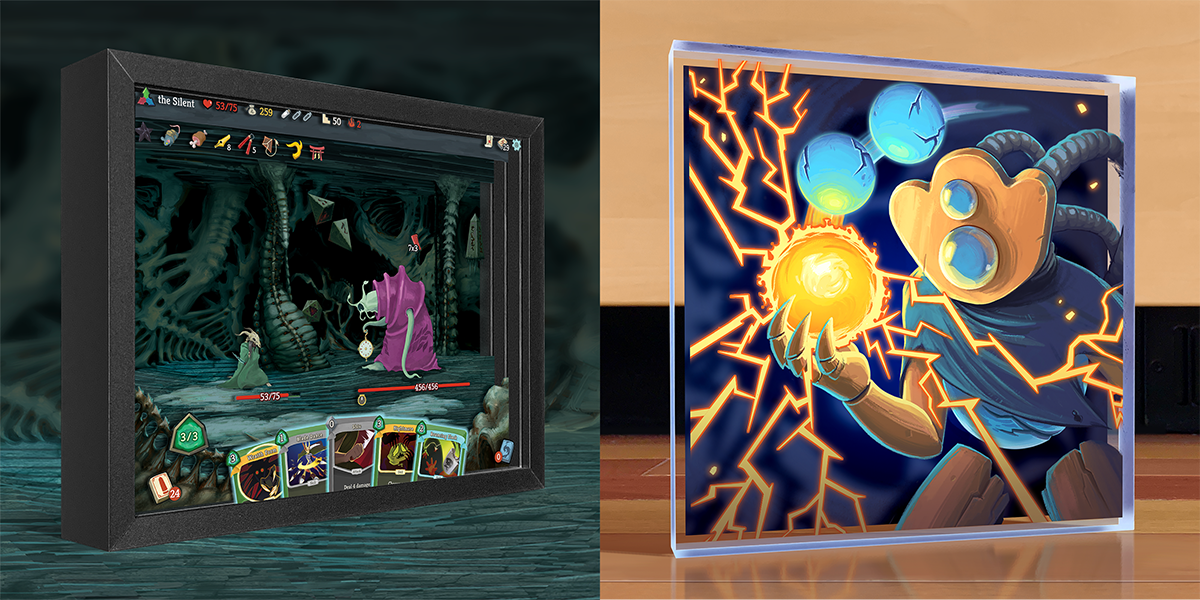 A shadowbox featuring The Silent in combat against the Time Eater and desktop art of the Defect.