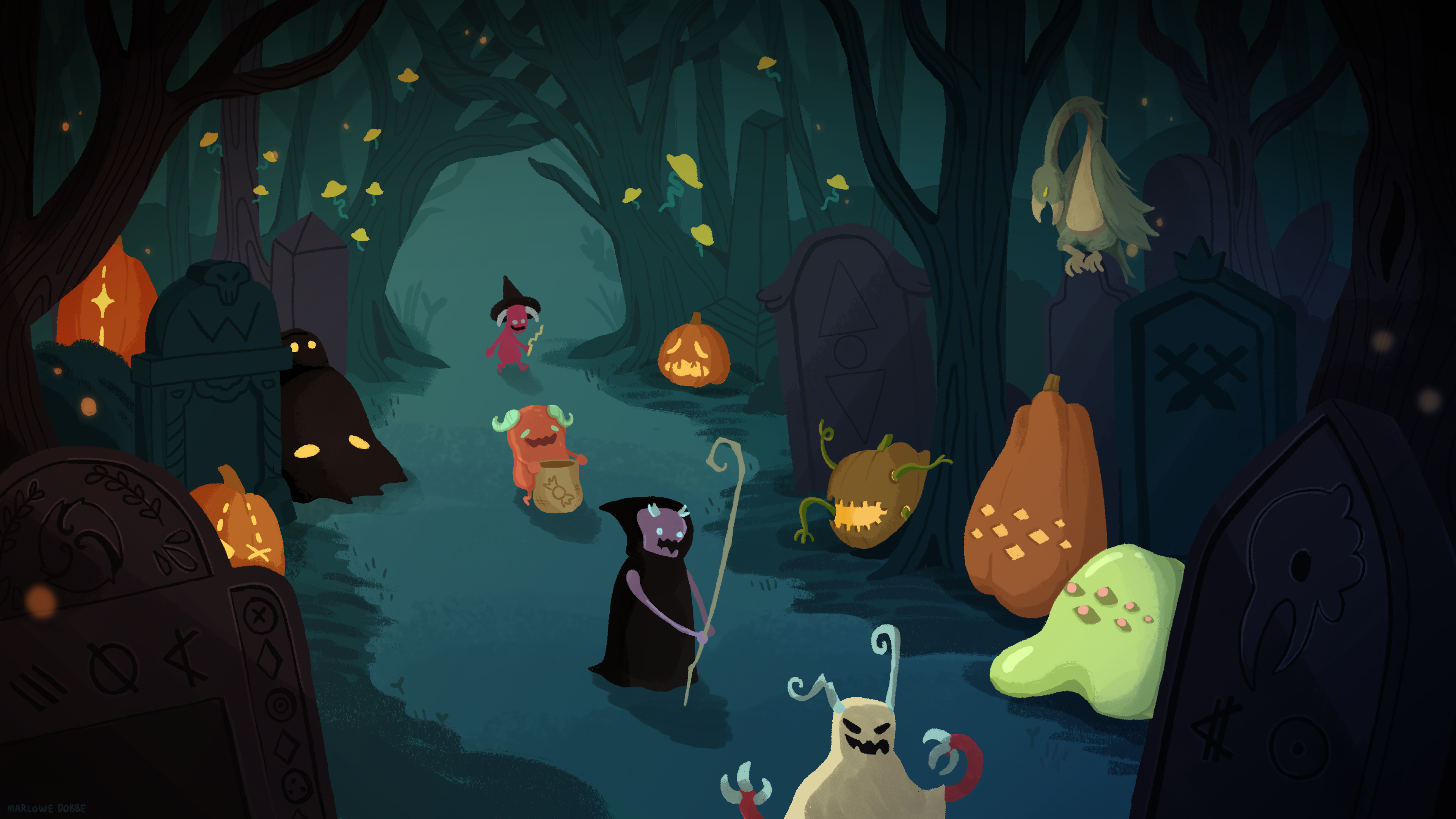 An illustration of gremlins trick-or-treating through a dark forest full of spooky Slay the Spire references.