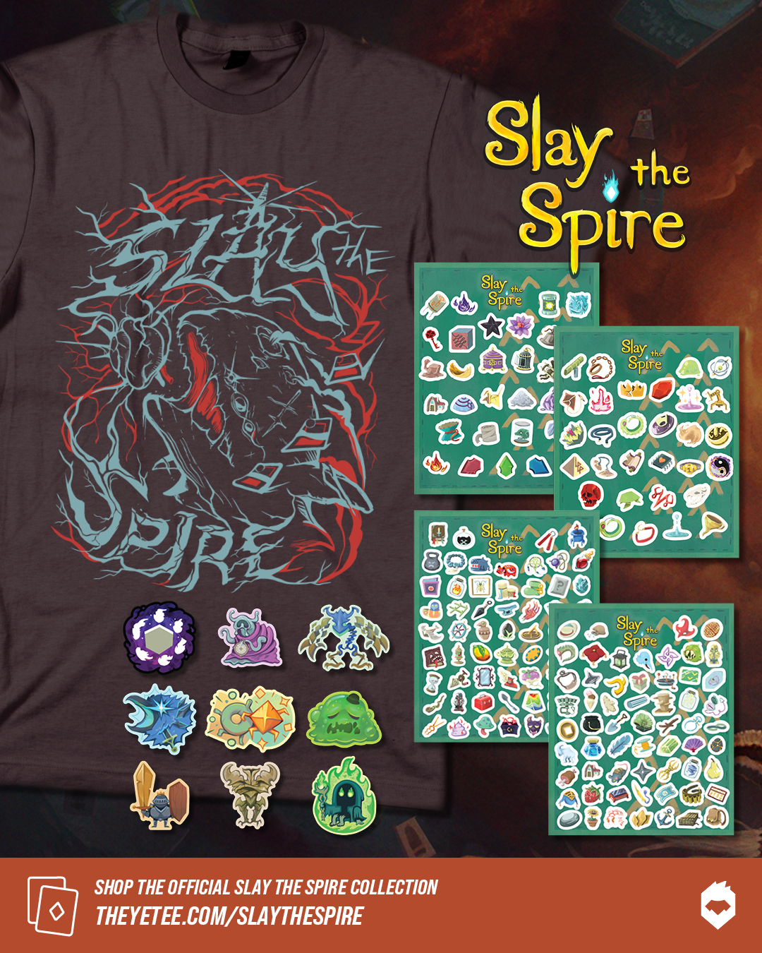 An image of the entire new Yetee Slay the Spire drop, featuring 4 sticker sheets with all relics in the game, stickers of all 9 Act bosses, and a charcoal-colored t-shirt depicting Neow and the Corrupt Heart in red and blue with a metal concert tee style.