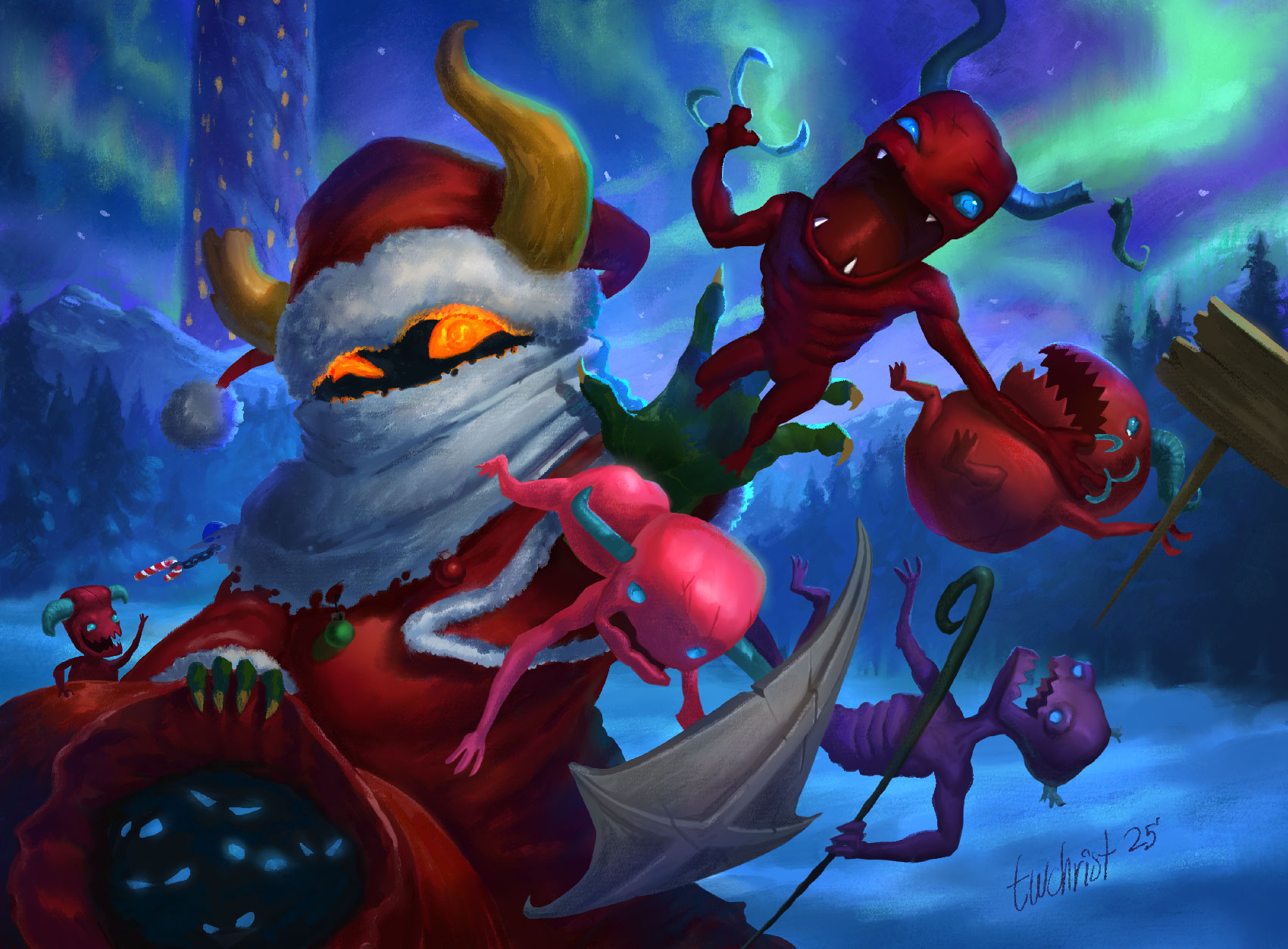 Art of gremlins sledding through a snowy landscape with the aurora borealis in the night sky above.