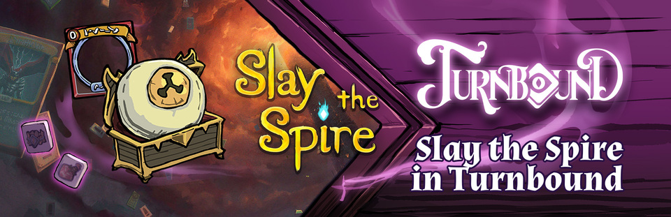 Key art of Turnbound and Slay the Spire, with an image of Turnbound’s version of the Snecko Eye relic and a card-frame cosmetic.
